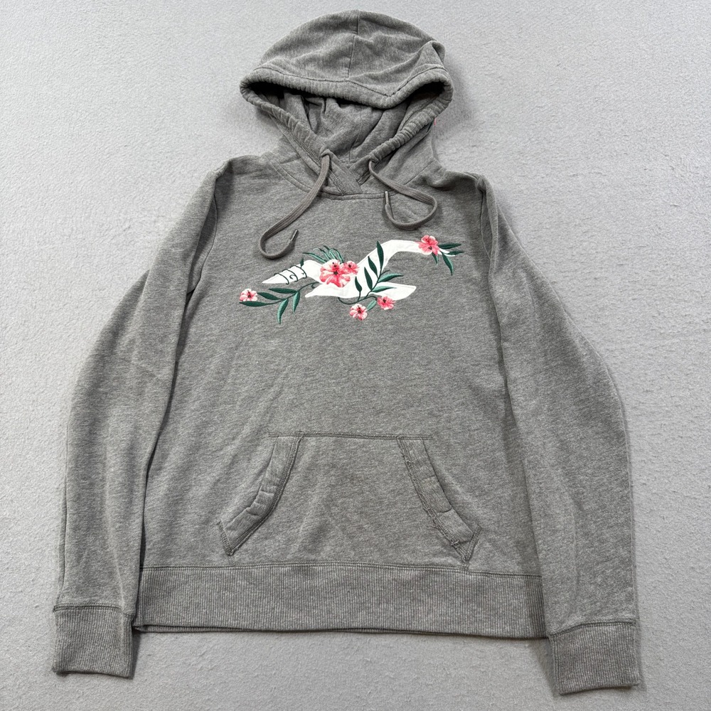 Hollister Hoodie Women's Medium Gray Floral Logo Relaxed Fit Pullover Sweatshirt